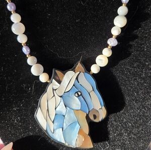 Gorgeous Rare Lee Sands Mother of Pearl Mosaic Inlay Horse Pendant Necklace.